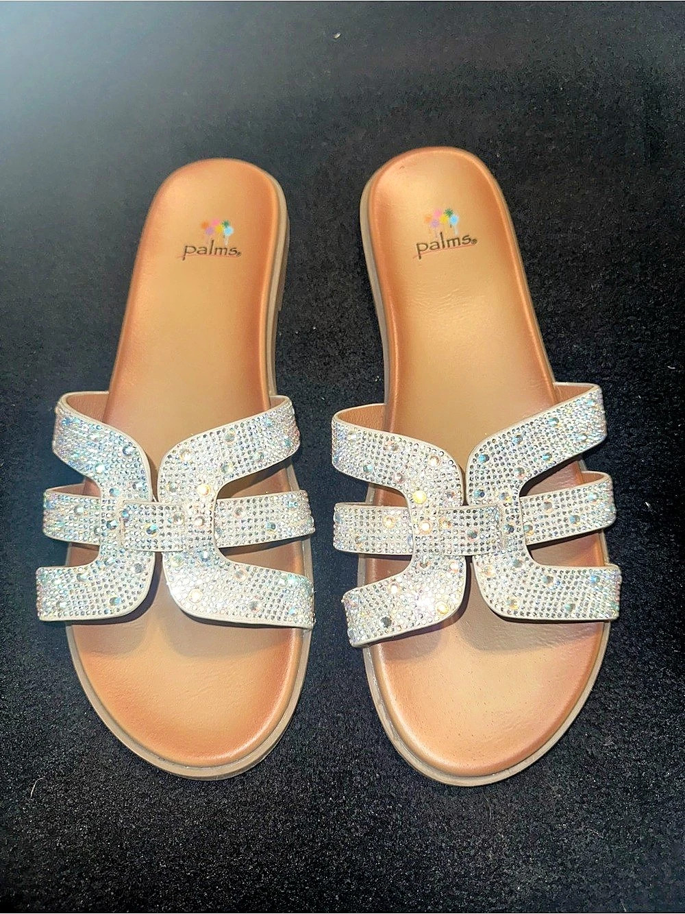 palms Rhinestone Slide Sandals in Silver & Pink